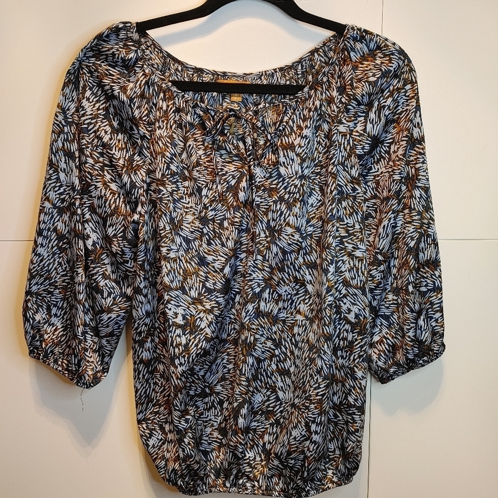 Ellen Tracy Boho Print Blouse Small Tie Neck 3/4 Sleeve Flowy Top Blue Brown - Picture 5 of 6